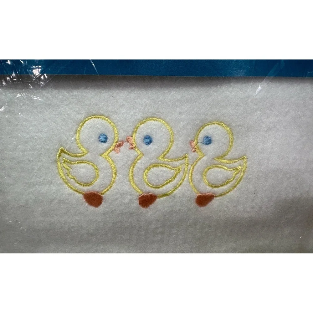 Vintage OWEN Fleece Crib Blanket White Duckies Made in USA Embroidered